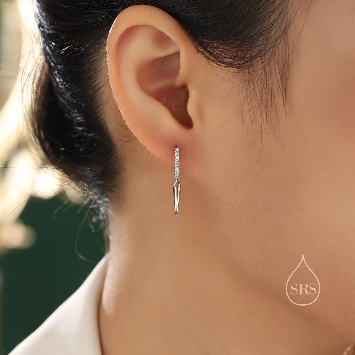 Sterling Silver Dangling Spike CZ Hoop Earrings, Silver or Gold or Rose Gold or Black, Spike Hoop Earrings