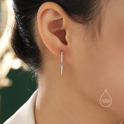 Sterling Silver Dangling Spike CZ Hoop Earrings, Silver or Gold or Rose Gold or Black, Spike Hoop Earrings