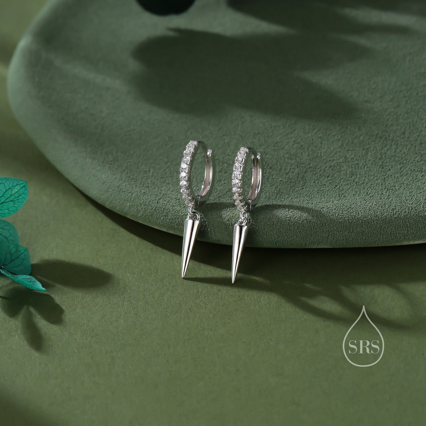 Sterling Silver Dangling Spike CZ Hoop Earrings, Silver or Gold or Rose Gold or Black, Spike Hoop Earrings