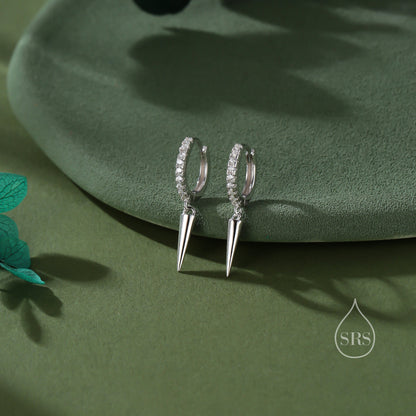 Sterling Silver Dangling Spike CZ Hoop Earrings, Silver or Gold or Rose Gold or Black, Spike Hoop Earrings