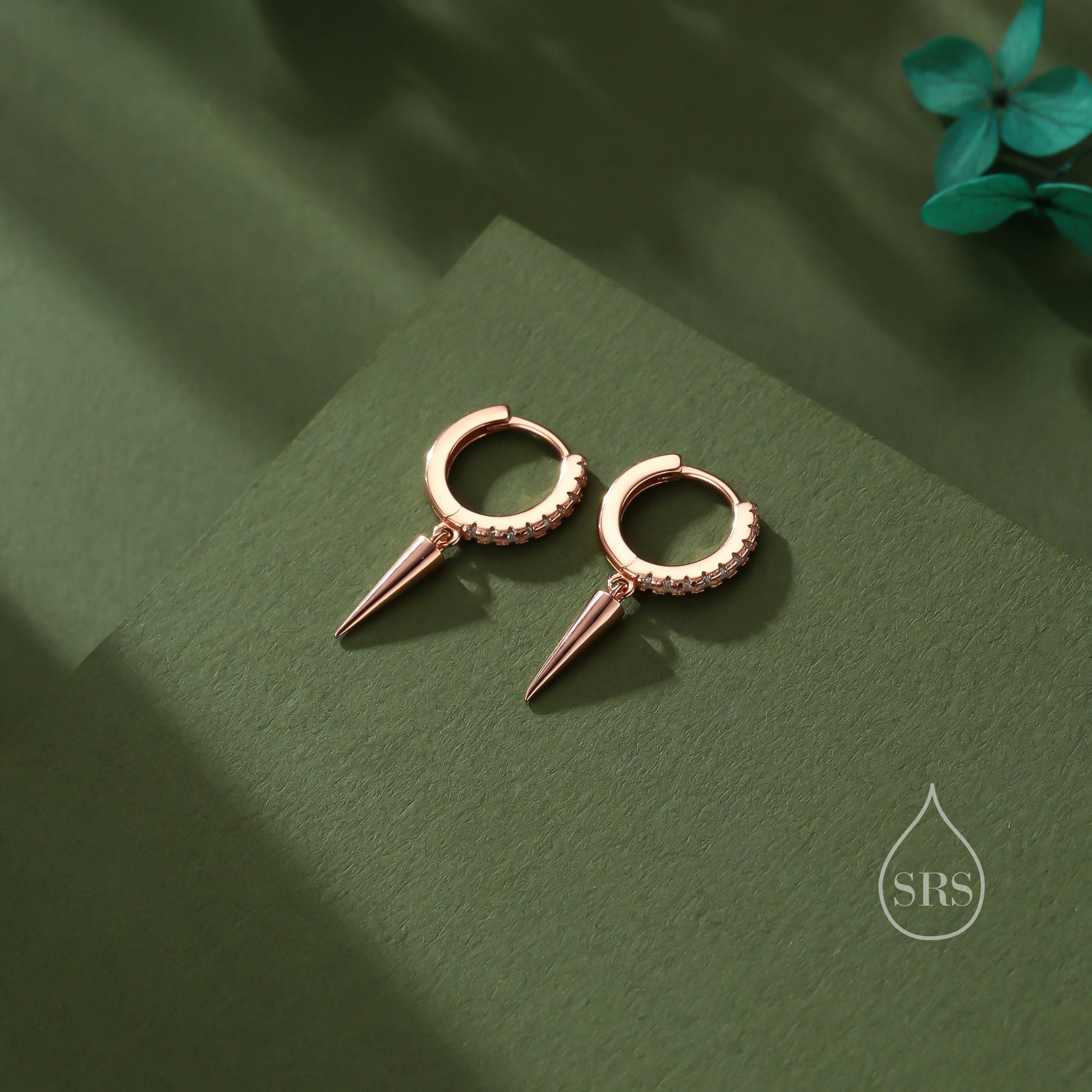 Sterling Silver Dangling Spike CZ Hoop Earrings, Silver or Gold or Rose Gold or Black, Spike Hoop Earrings