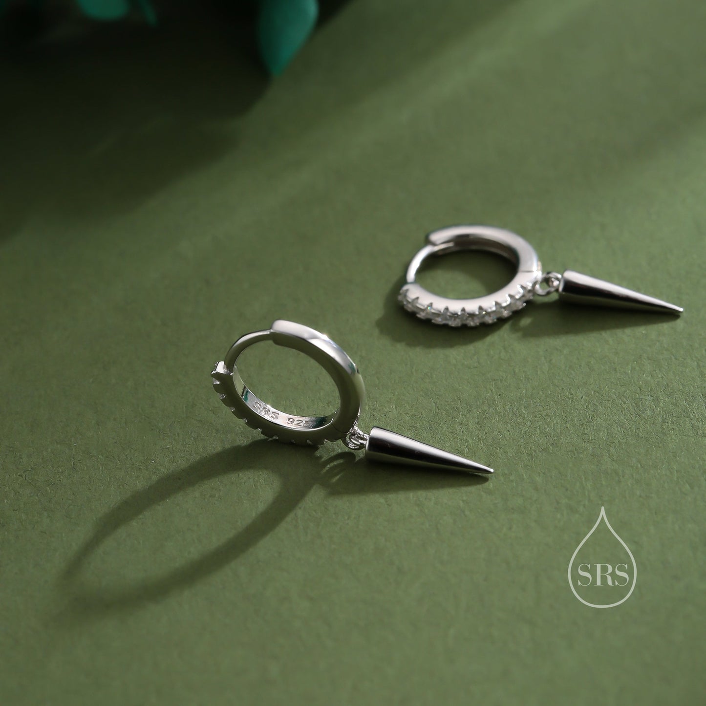 Sterling Silver Dangling Spike CZ Hoop Earrings, Silver or Gold or Rose Gold or Black, Spike Hoop Earrings