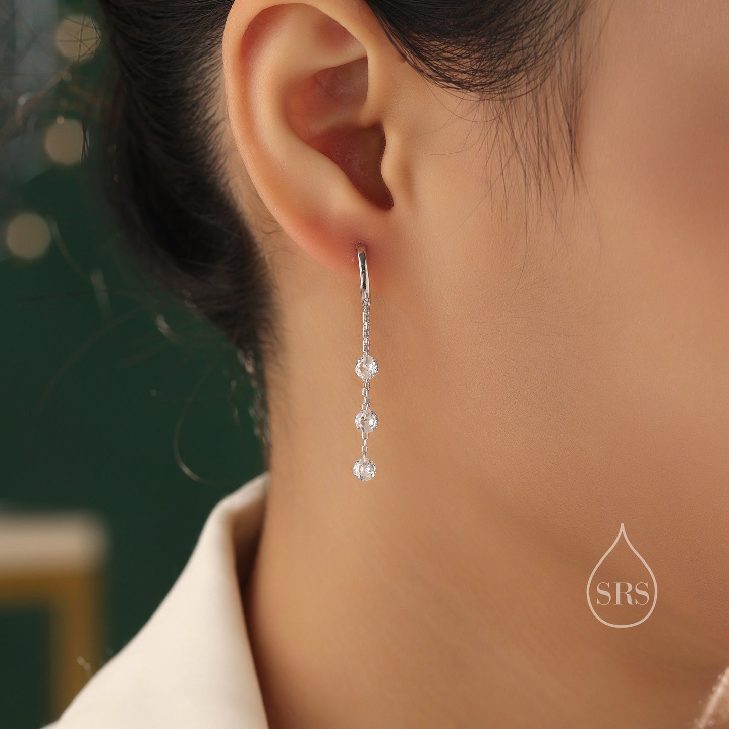 CZ Cascade Huggie Hoop Earrings in Sterling Silver, Silver or Gold, Geometric CZ Dangle Hoop Earrings, CZ Hoop Earrings