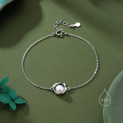 Sterling Silver Natural Pearl Mobius Circle Bracelet, Pearl and Twist Circle Bracelet, Genuine Freshwater Pearl Bracelet