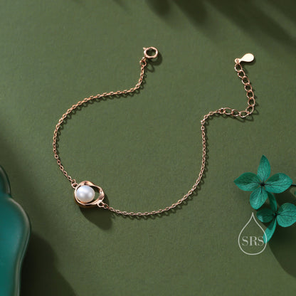 Sterling Silver Natural Pearl Mobius Circle Bracelet, Pearl and Twist Circle Bracelet, Genuine Freshwater Pearl Bracelet