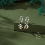 Aster Flower Charmed Hoop Earrings in Sterling Silver - Daisy Flower Blossom Huggie Hoop Earrings - Whimsical, Detachable Charm Hoops