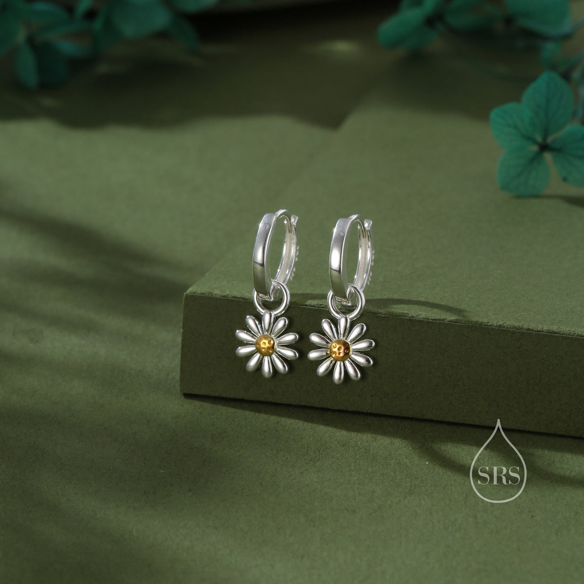 Aster Flower Charmed Hoop Earrings in Sterling Silver - Daisy Flower Blossom Huggie Hoop Earrings - Whimsical, Detachable Charm Hoops