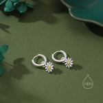 Aster Flower Charmed Hoop Earrings in Sterling Silver - Daisy Flower Blossom Huggie Hoop Earrings - Whimsical, Detachable Charm Hoops