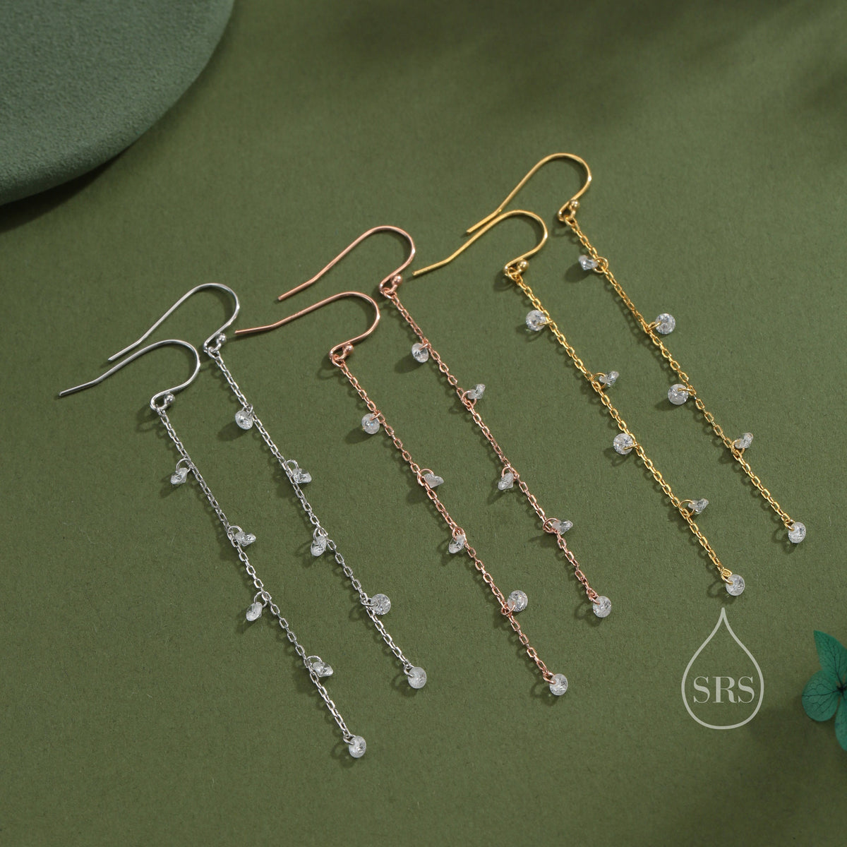 CZ Cascade Drop Hook Earrings in Sterling Silver, Silver or Gold or Rose Gold, Geometric CZ Dangle Drop Earrings, CZ Long Drop Earrings