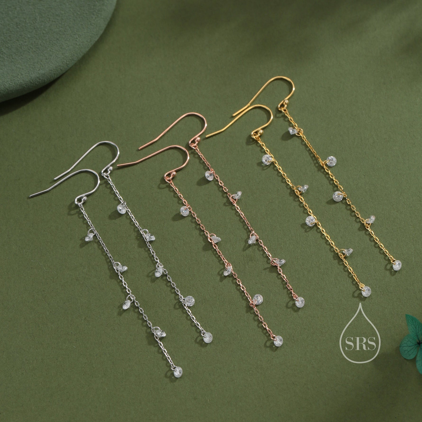 CZ Cascade Drop Hook Earrings in Sterling Silver, Silver or Gold or Rose Gold, Geometric CZ Dangle Drop Earrings, CZ Long Drop Earrings