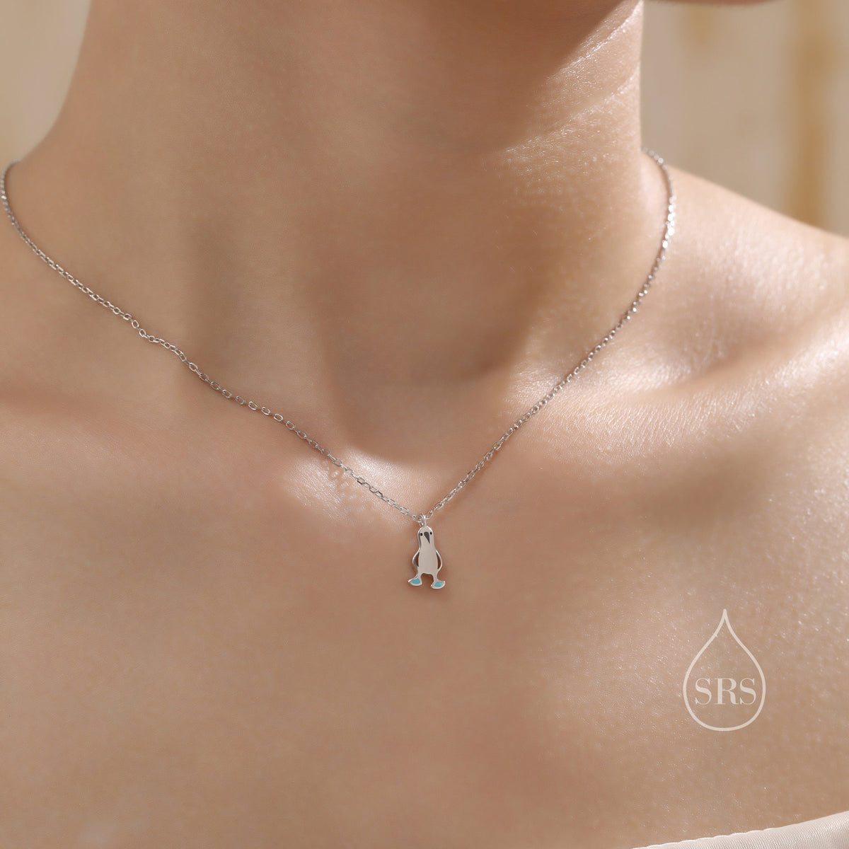 Blue Footed Boobie Bird Pendant Necklace in Sterling Silver with Enamel, Silver Boobie Bird Pendant, Nature Inspired Bird Necklace