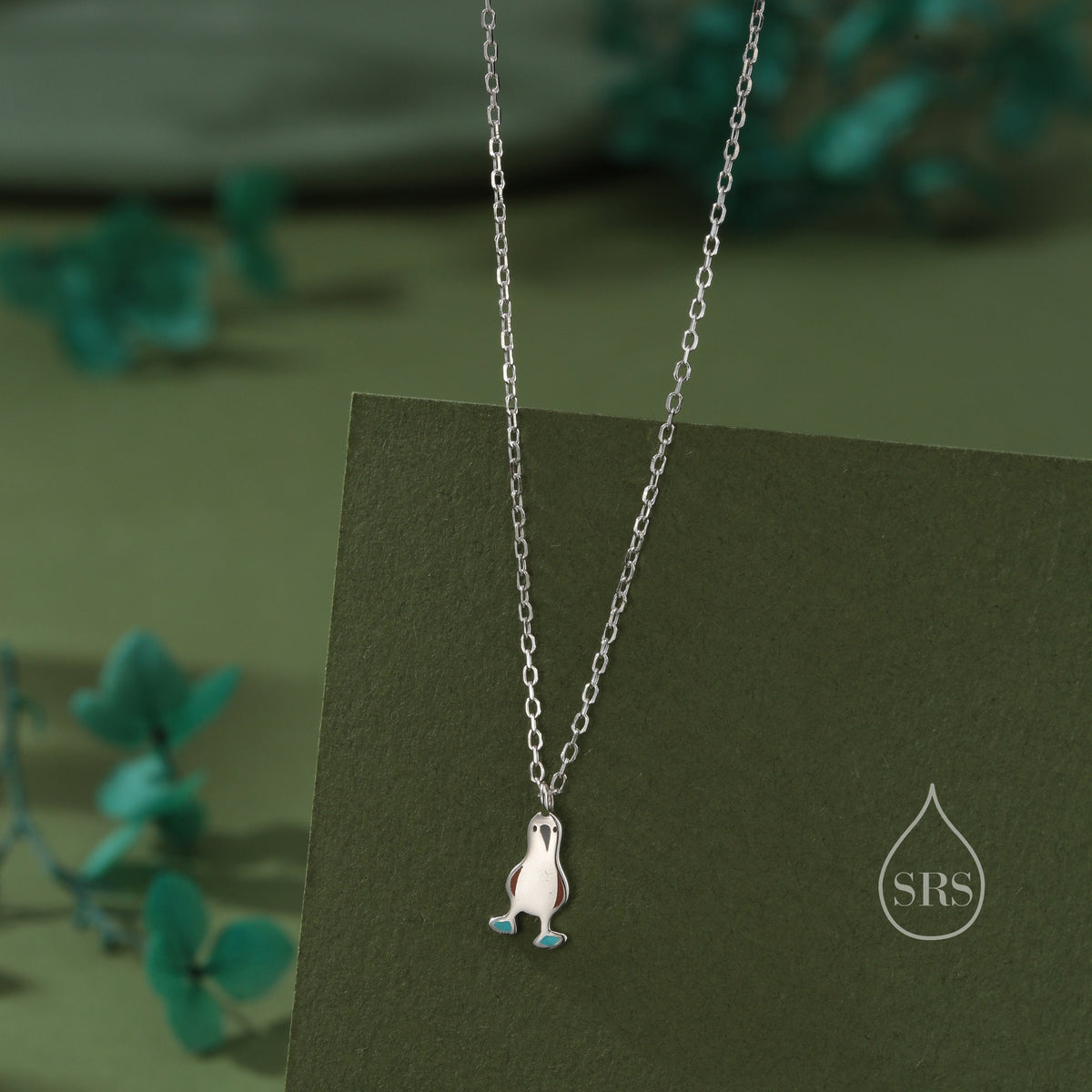 Blue Footed Boobie Bird Pendant Necklace in Sterling Silver with Enamel, Silver Boobie Bird Pendant, Nature Inspired Bird Necklace