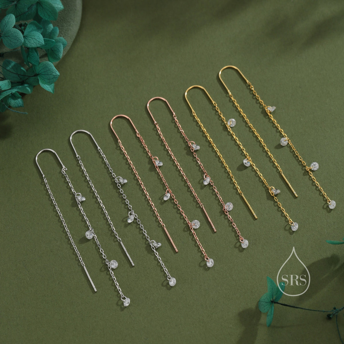 CZ Cascade Drop U Threader Earrings in Sterling Silver, Silver or Gold or Rose Gold, Geometric CZ Dangle Drop Earrings, CZ Long Drop Earring