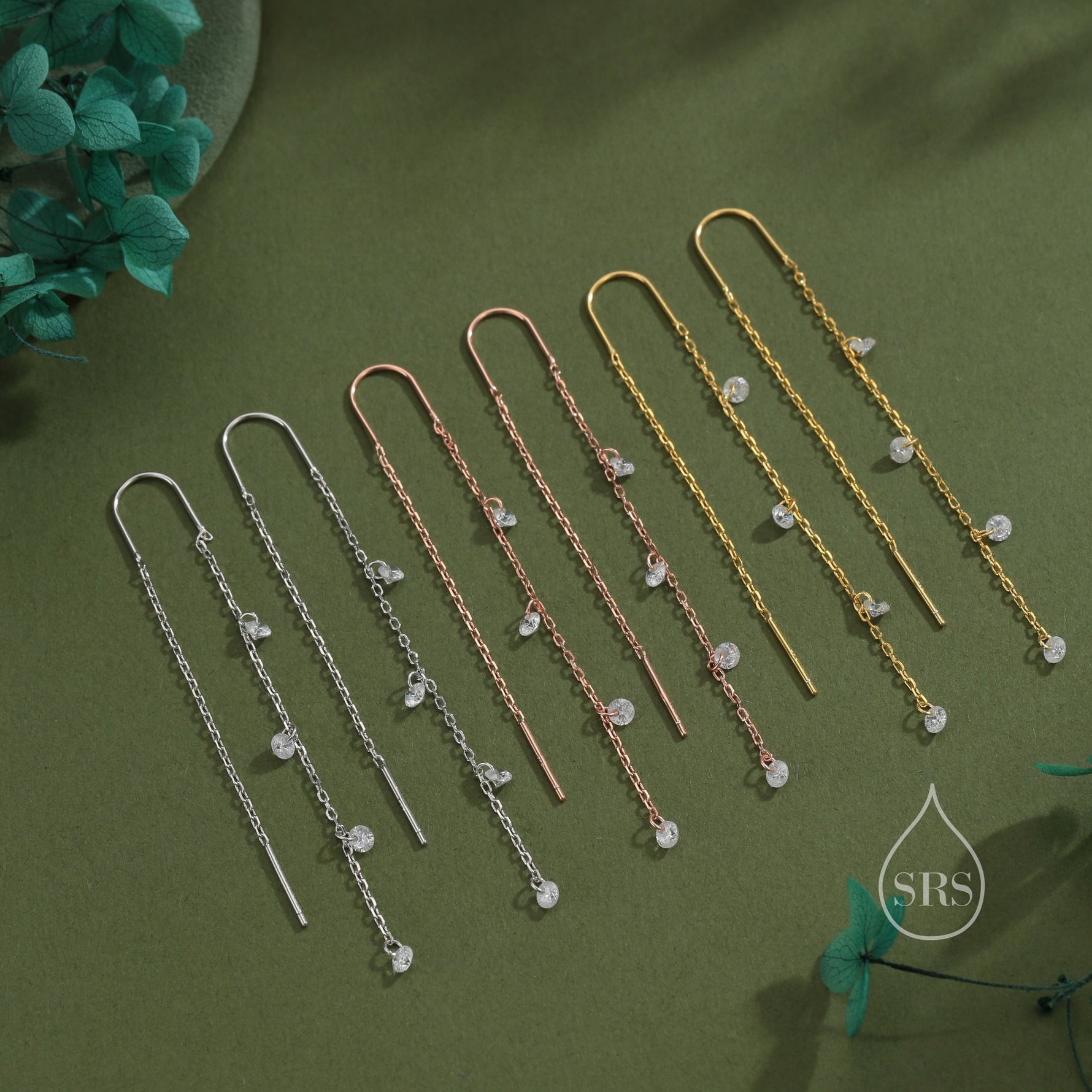 CZ Cascade Drop U Threader Earrings in Sterling Silver, Silver or Gold or Rose Gold, Geometric CZ Dangle Drop Earrings, CZ Long Drop Earring