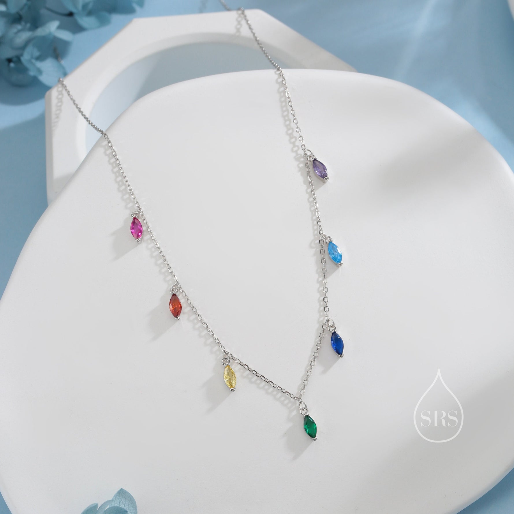 Sale! Multiple Colour CZ Marquise Pendant Necklace in Sterling Silver, Silver or Gold, Rainbow Marquise Charm Necklace, Droplet Satellite Necklace