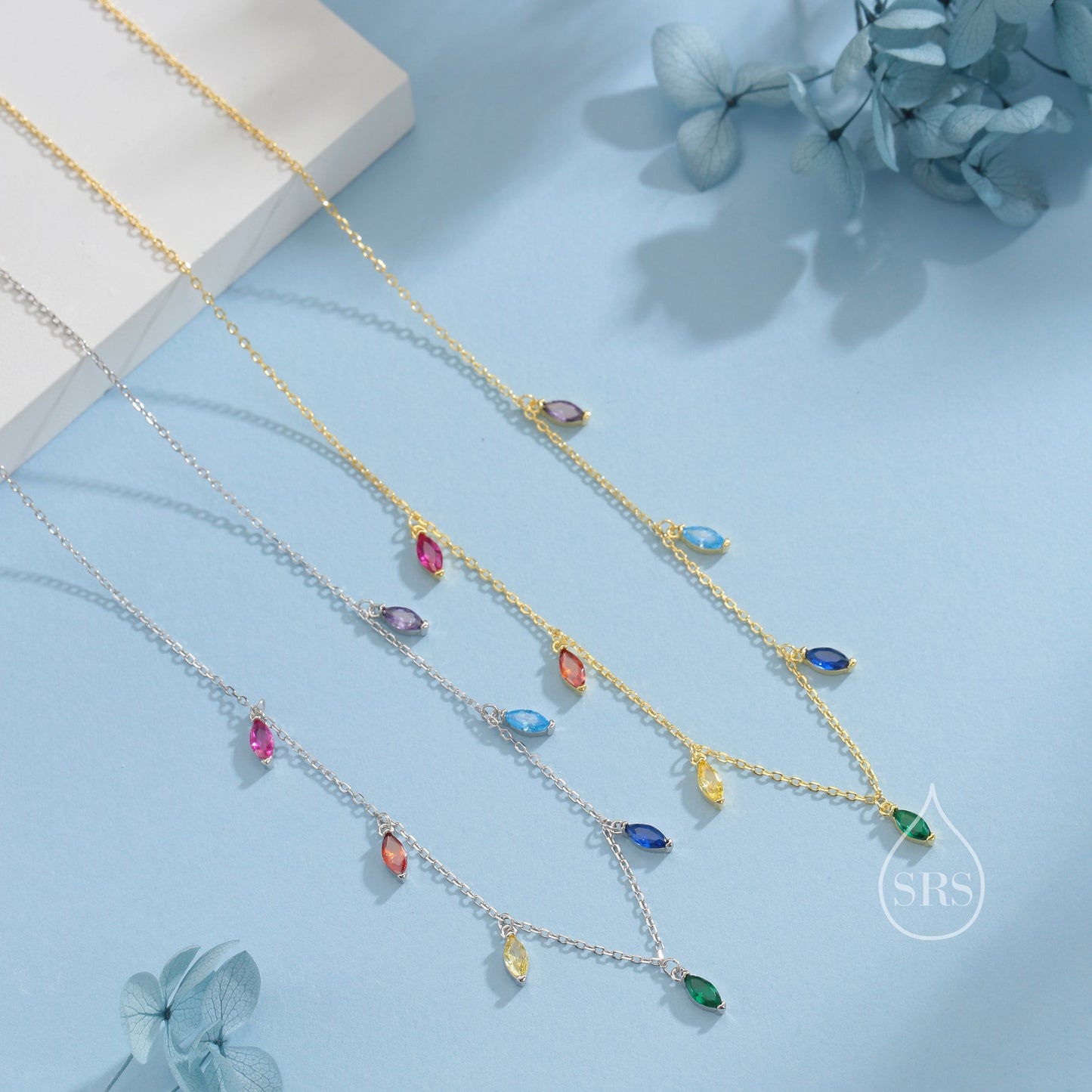 Multiple Colour CZ Marquise Pendant Necklace in Sterling Silver, Silver or Gold, Rainbow Marquise Charm Necklace, Droplet Satellite Necklace