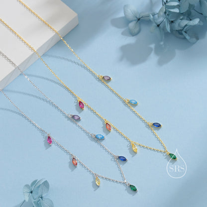 Multiple Colour CZ Marquise Pendant Necklace in Sterling Silver, Silver or Gold, Rainbow Marquise Charm Necklace, Droplet Satellite Necklace