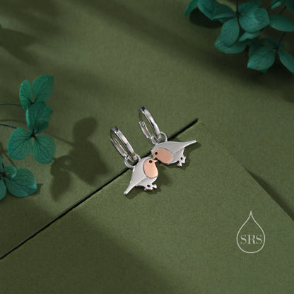 Sterling Silver Robin Bird Dangle Huggie Hoops, Two Tone Robin Hoop Earrings, Dainty Dangle Earrings, Robin Bird Earrings, Robin Earrings