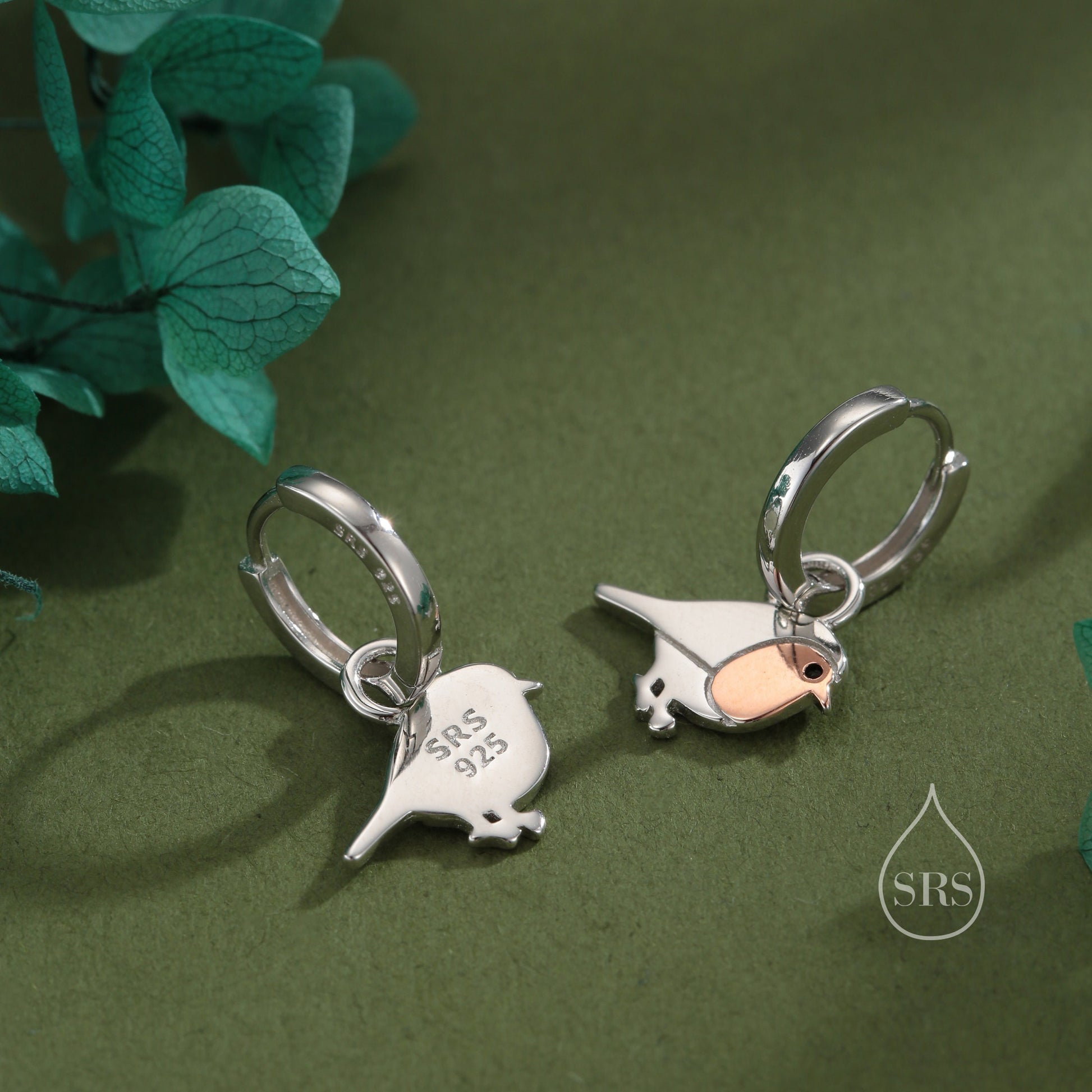 Sterling Silver Robin Bird Dangle Huggie Hoops, Two Tone Robin Hoop Earrings, Dainty Dangle Earrings, Robin Bird Earrings, Robin Earrings