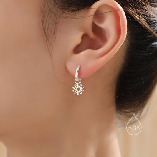 Aster Flower Charmed Hoop Earrings in Sterling Silver - Daisy Flower Blossom Huggie Hoop Earrings  -  Whimsical, Detachable Charm Hoops