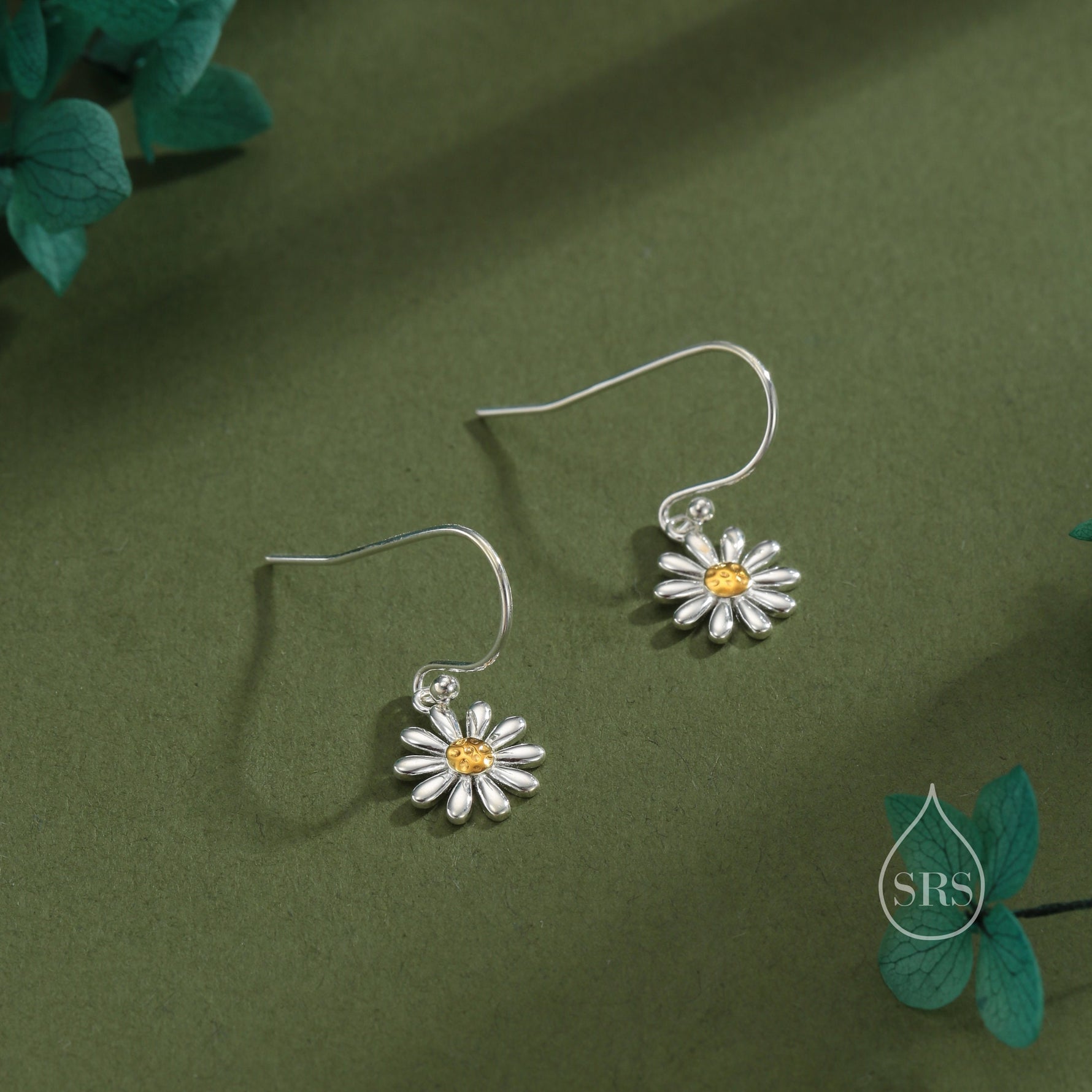Aster Flower Drop Hook Earrings in Sterling Silver - Daisy Flower Blossom Dangle Earrings - Whimsical Daisy Earrings