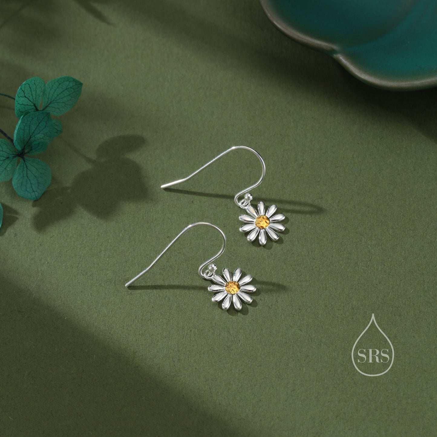 Aster Flower Drop Hook Earrings in Sterling Silver - Daisy Flower Blossom Dangle Earrings  -  Whimsical Daisy Earrings