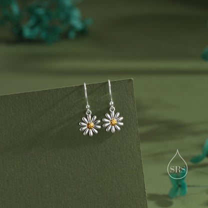 Aster Flower Drop Hook Earrings in Sterling Silver - Daisy Flower Blossom Dangle Earrings  -  Whimsical Daisy Earrings