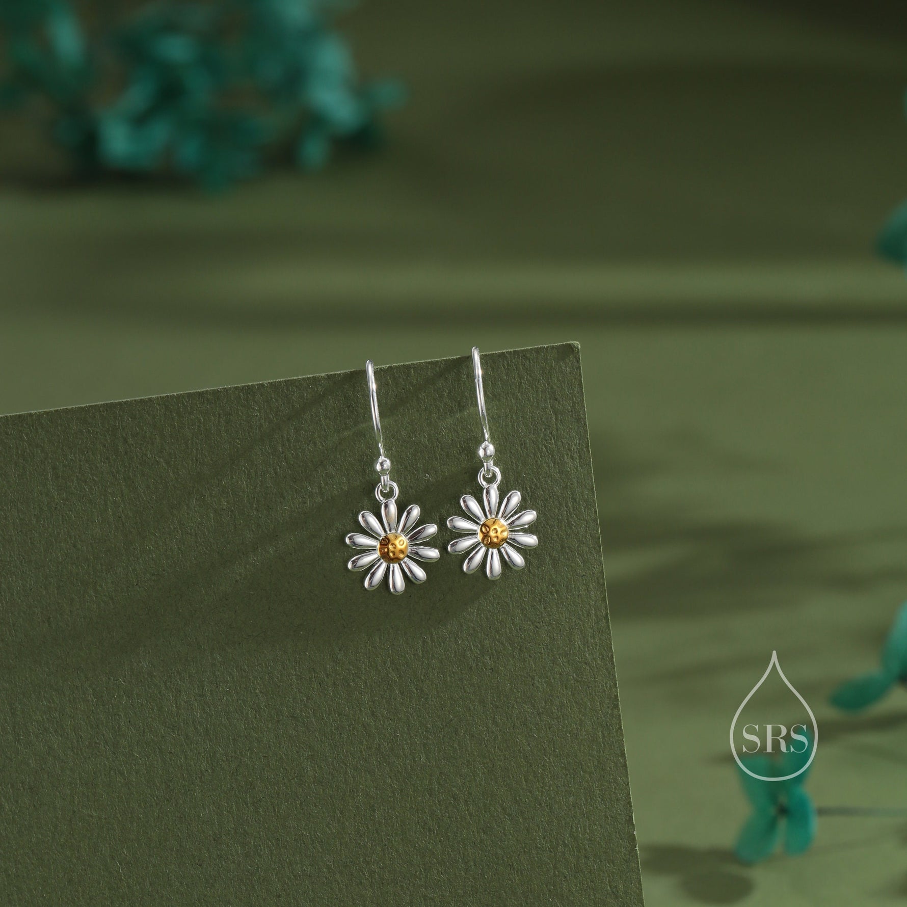 Aster Flower Drop Hook Earrings in Sterling Silver - Daisy Flower Blossom Dangle Earrings - Whimsical Daisy Earrings