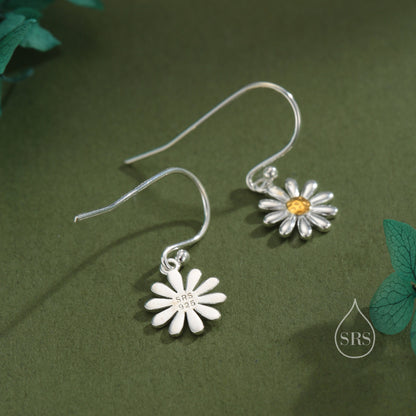 Aster Flower Drop Hook Earrings in Sterling Silver - Daisy Flower Blossom Dangle Earrings  -  Whimsical Daisy Earrings