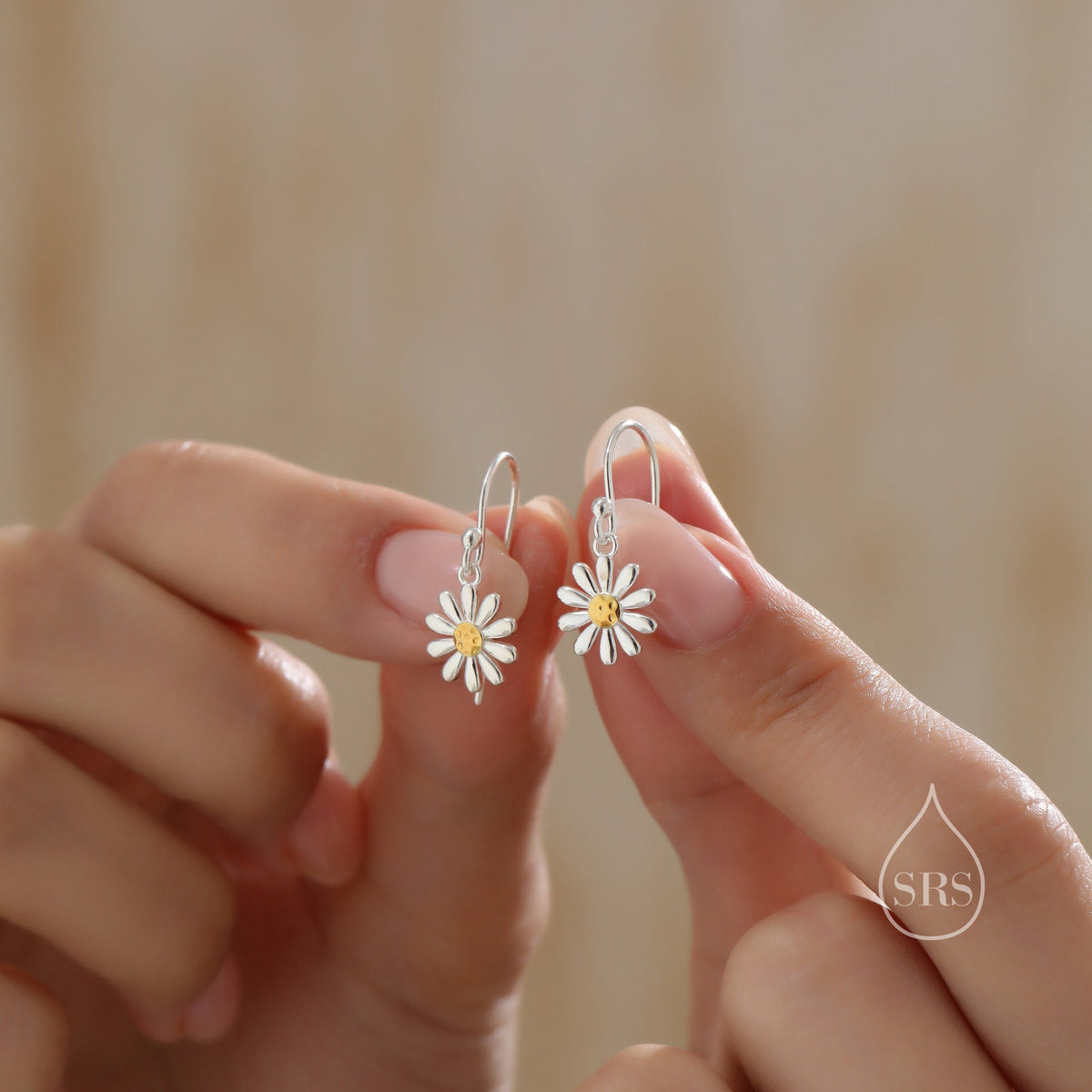 Aster Flower Drop Hook Earrings in Sterling Silver - Daisy Flower Blossom Dangle Earrings - Whimsical Daisy Earrings