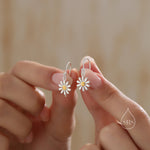 Aster Flower Drop Hook Earrings in Sterling Silver - Daisy Flower Blossom Dangle Earrings - Whimsical Daisy Earrings