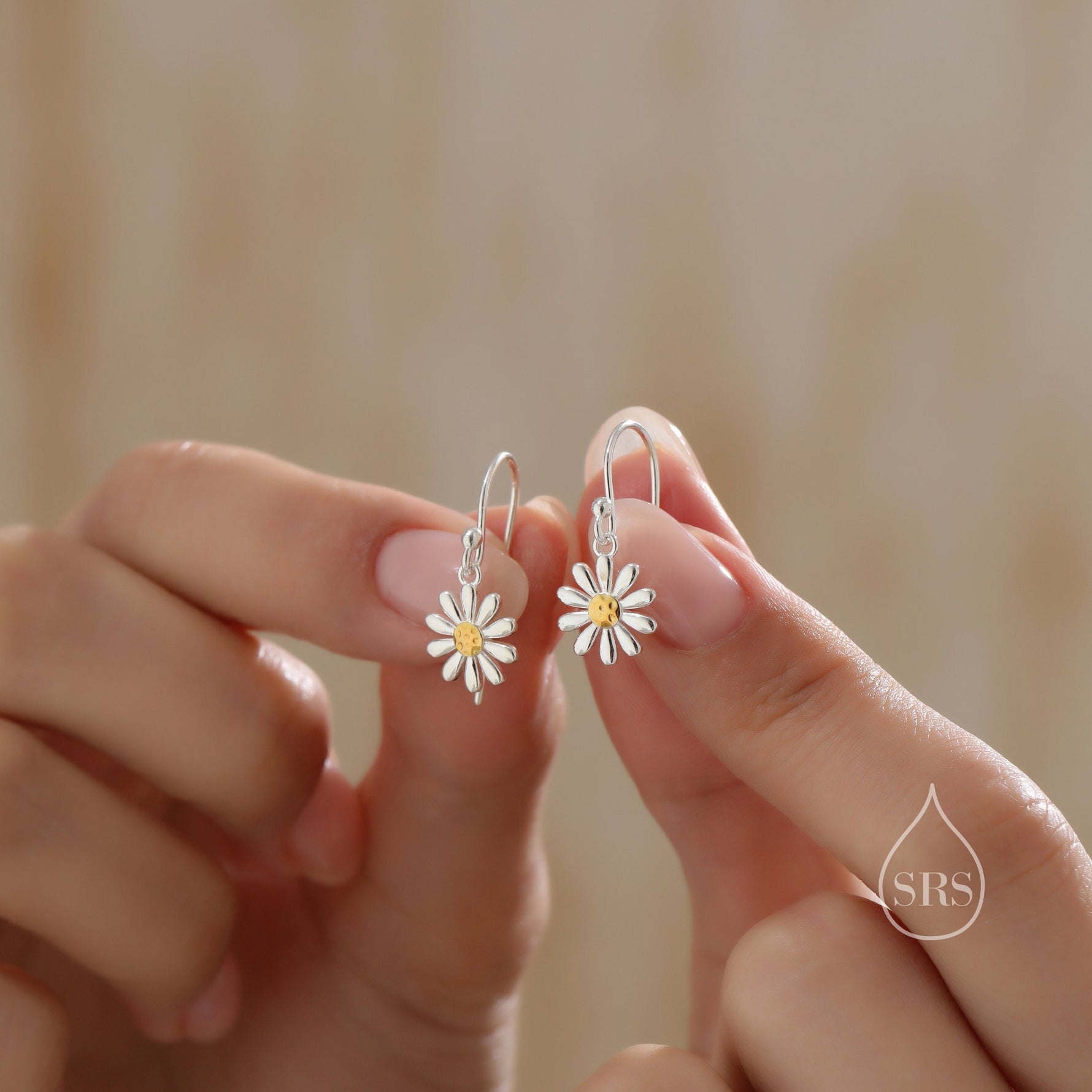 Aster Flower Drop Hook Earrings in Sterling Silver - Daisy Flower Blossom Dangle Earrings - Whimsical Daisy Earrings