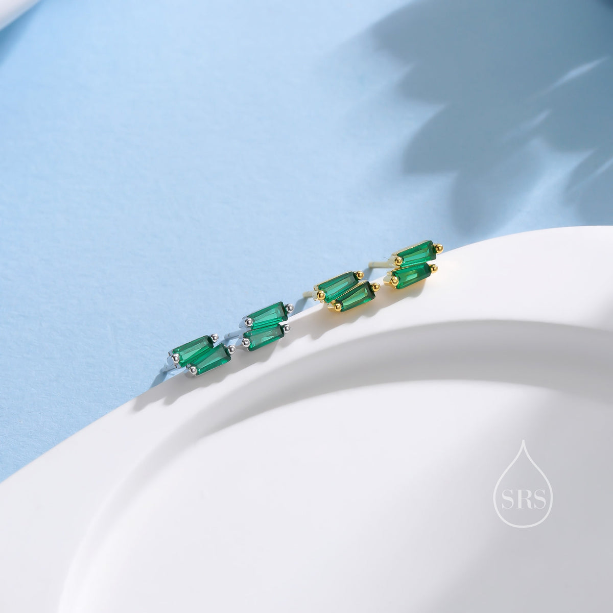 Double Trapezoid Emerald Green CZ Stud Earrings in Sterling Silver