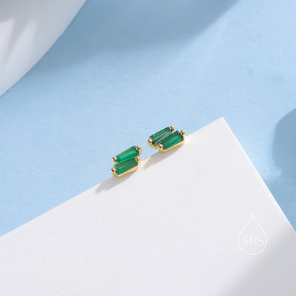 Double Trapezoid Emerald Green CZ Screw back Earrings in Sterling Silver, Silver or Gold, Art Deco CZ Cluster Screwback Earrings or Stud,