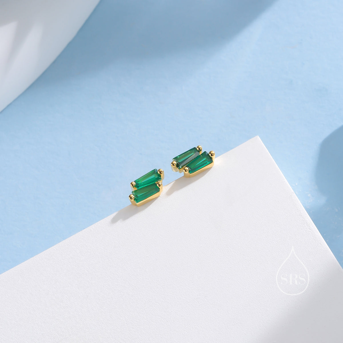 Double Trapezoid Emerald Green CZ Stud Earrings in Sterling Silver