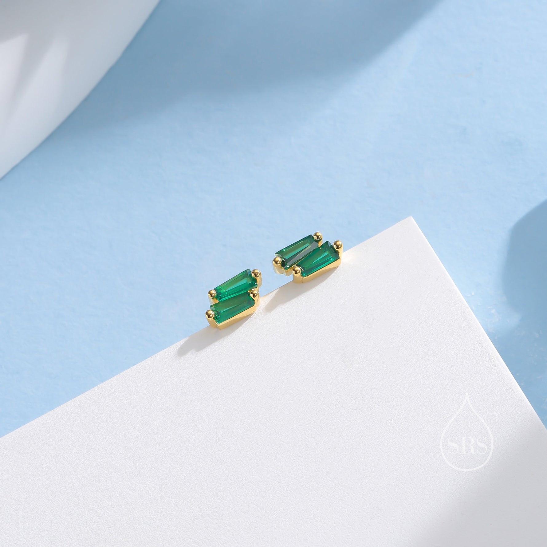 Double Trapezoid Emerald Green CZ Stud Earrings in Sterling Silver