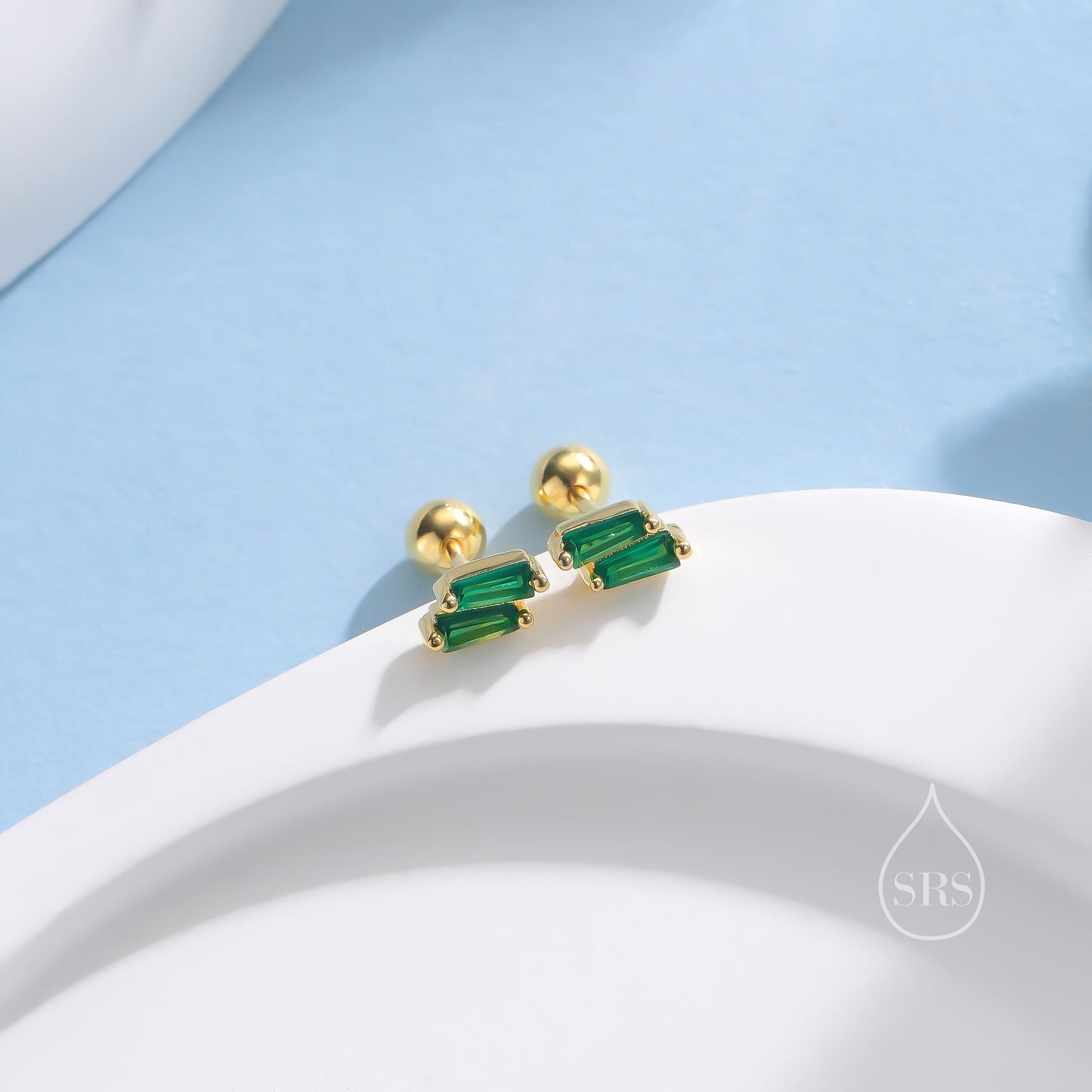 Double Trapezoid Emerald Green CZ Screw back Earrings in Sterling Silver, Silver or Gold, Art Deco CZ Cluster Screwback Earrings or Stud,