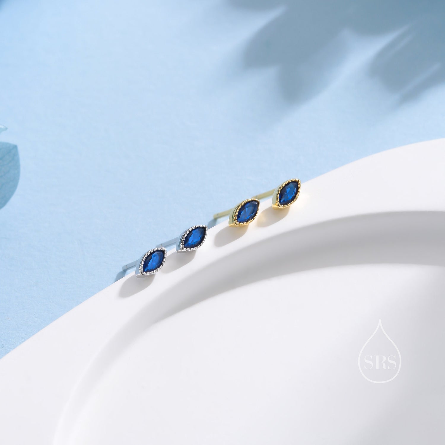 Extra Tiny Sapphire Blue Marquise CZ Stud Earrings in Sterling Silver, Silver or Gold, Dainty Marquise Crystal Earrings, Vintage Inspired