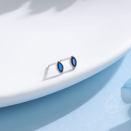 Extra Tiny Sapphire Blue Marquise CZ Stud Earrings in Sterling Silver, Silver or Gold, Dainty Marquise Crystal Earrings, Vintage Inspired