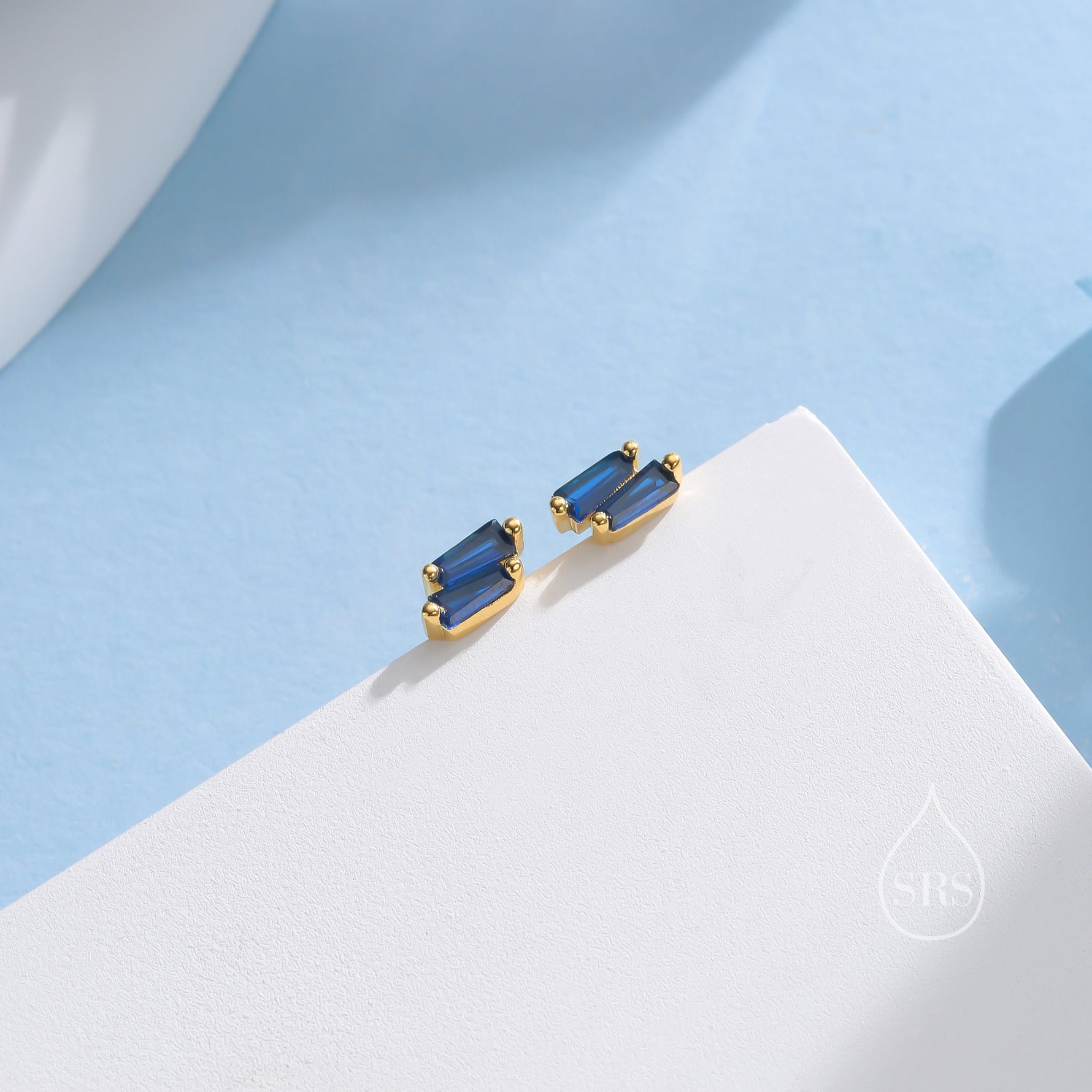 Double Trapezoid Sapphire Blue CZ 18G Screw Back Earrings in Sterling Silver