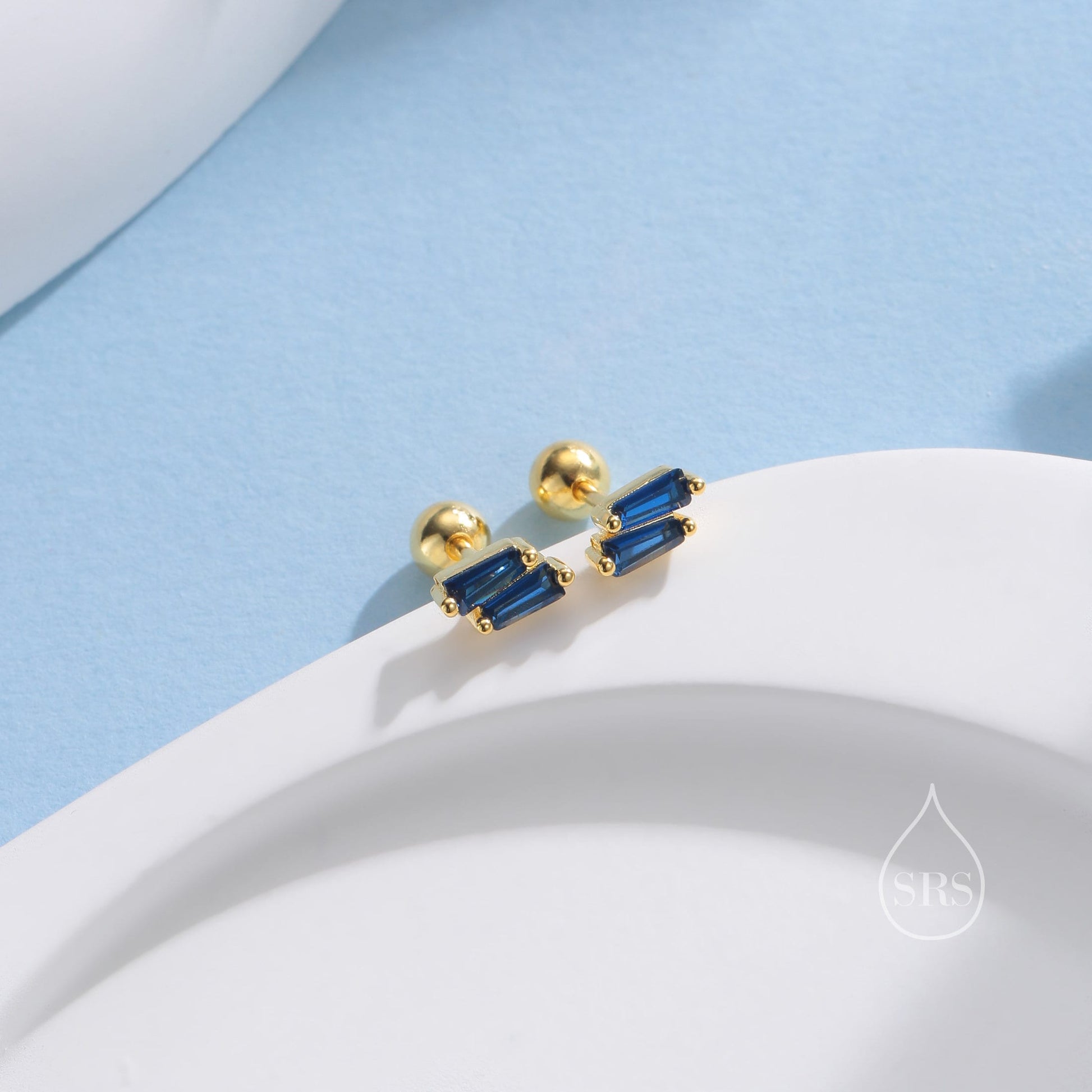 Double Trapezoid Sapphire Blue CZ Screw back Earrings in Sterling Silver, Silver or Gold, Art Deco CZ Cluster Screwback Earrings or Stud,