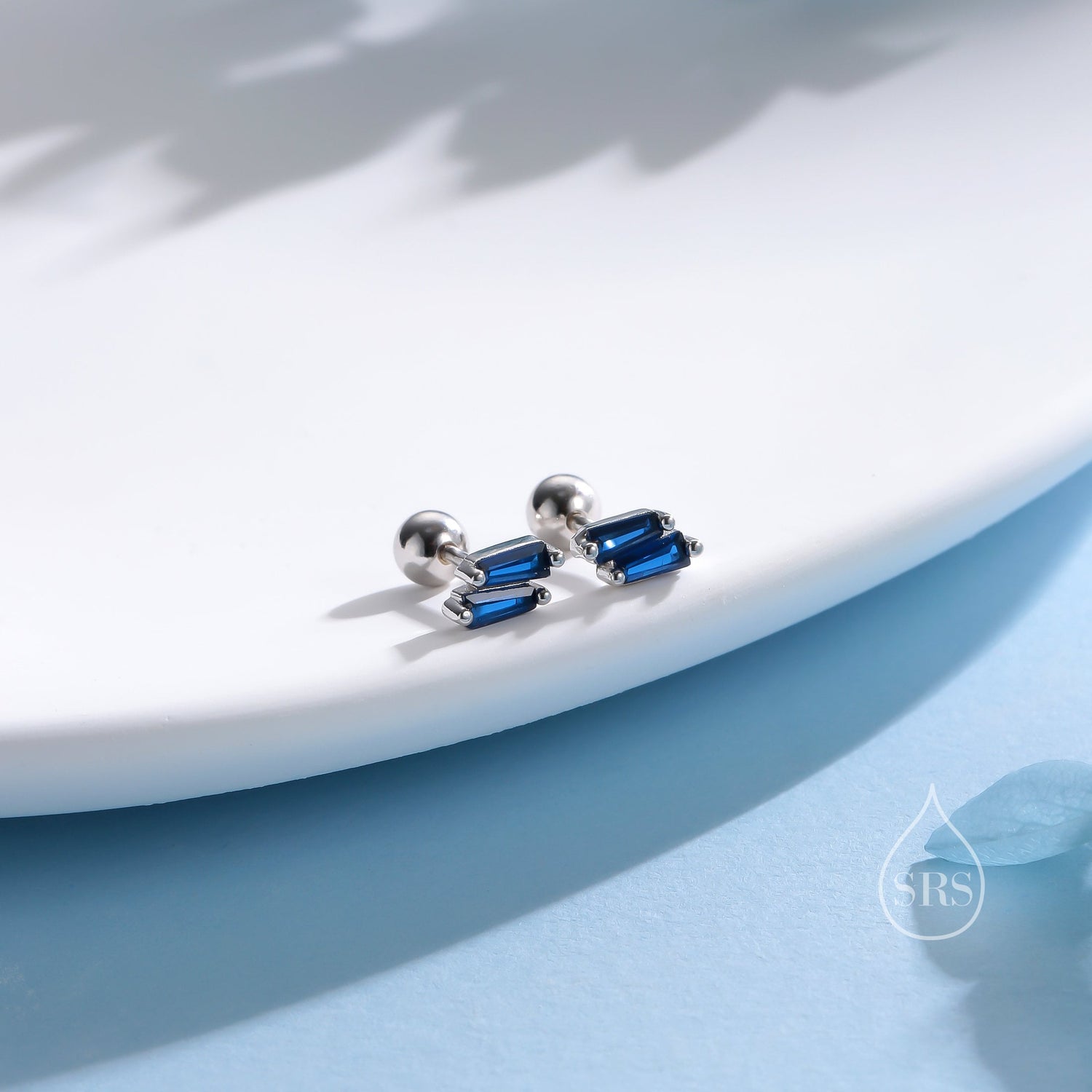 Double Trapezoid Sapphire Blue CZ 18G Screw Back Earrings in Sterling Silver