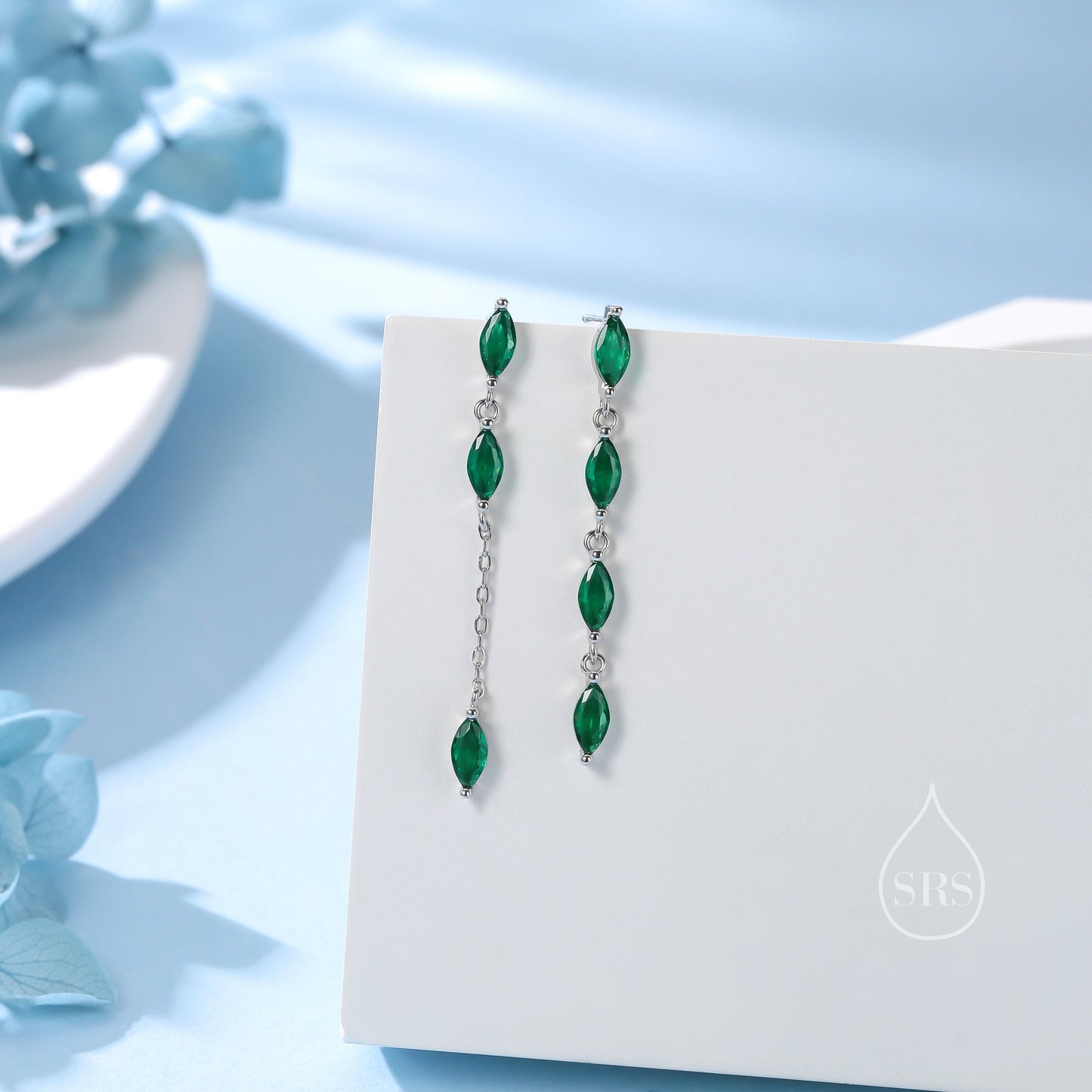 Asymmetric Marquise Emerald Green CZ Dangle Drop Stud Earrings in Sterling Silver, Marquise CZ Leave Earrings, Tree Branch Nature Inspired