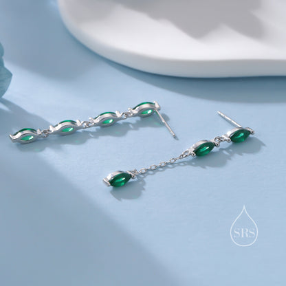 Asymmetric Marquise Emerald Green CZ Dangle Drop Stud Earrings in Sterling Silver, Marquise CZ Leave Earrings, Tree Branch Nature Inspired