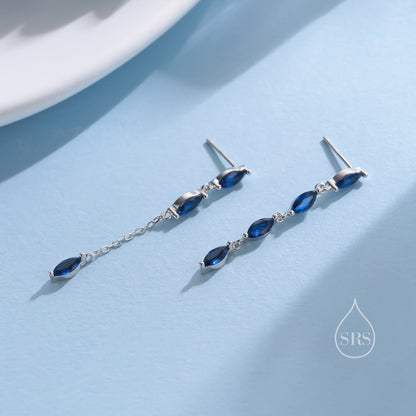 Asymmetric Sapphire Blue CZ Dangle Drop Stud Earrings in Sterling Silver, Marquise CZ Leave Earrings, Tree Branch Nature Inspired Design