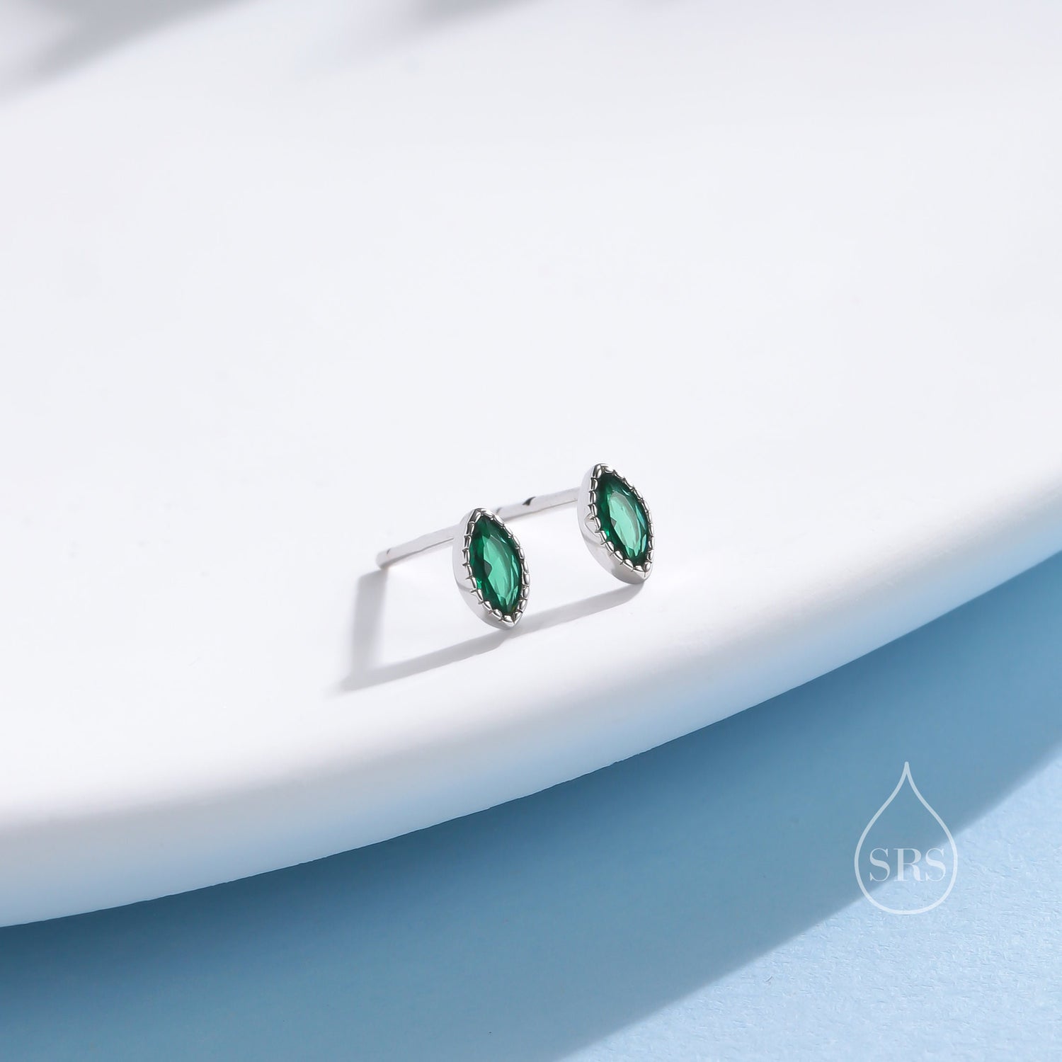 Extra Tiny Emerald Green Marquise CZ Stud Earrings in Sterling Silver, Silver or Gold,  Dainty Marquise Crystal Earrings, Vintage Inspired