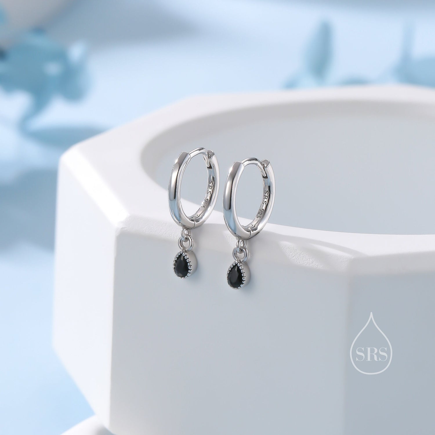 Extra Tiny Black Dotted Droplet CZ Huggie Hoop Earrings in Sterling Silver, Silver or Gold, Geometric Hoop Earrings, Vintage Style