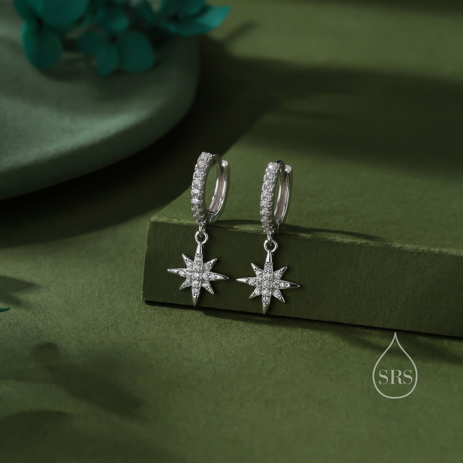 CZ Starburst Huggie Hoop Earrings in Sterling Silver, Silver, Gold or Rose Gold, Sparkle North Star Earrings, Sunburst Earrings, Celestial