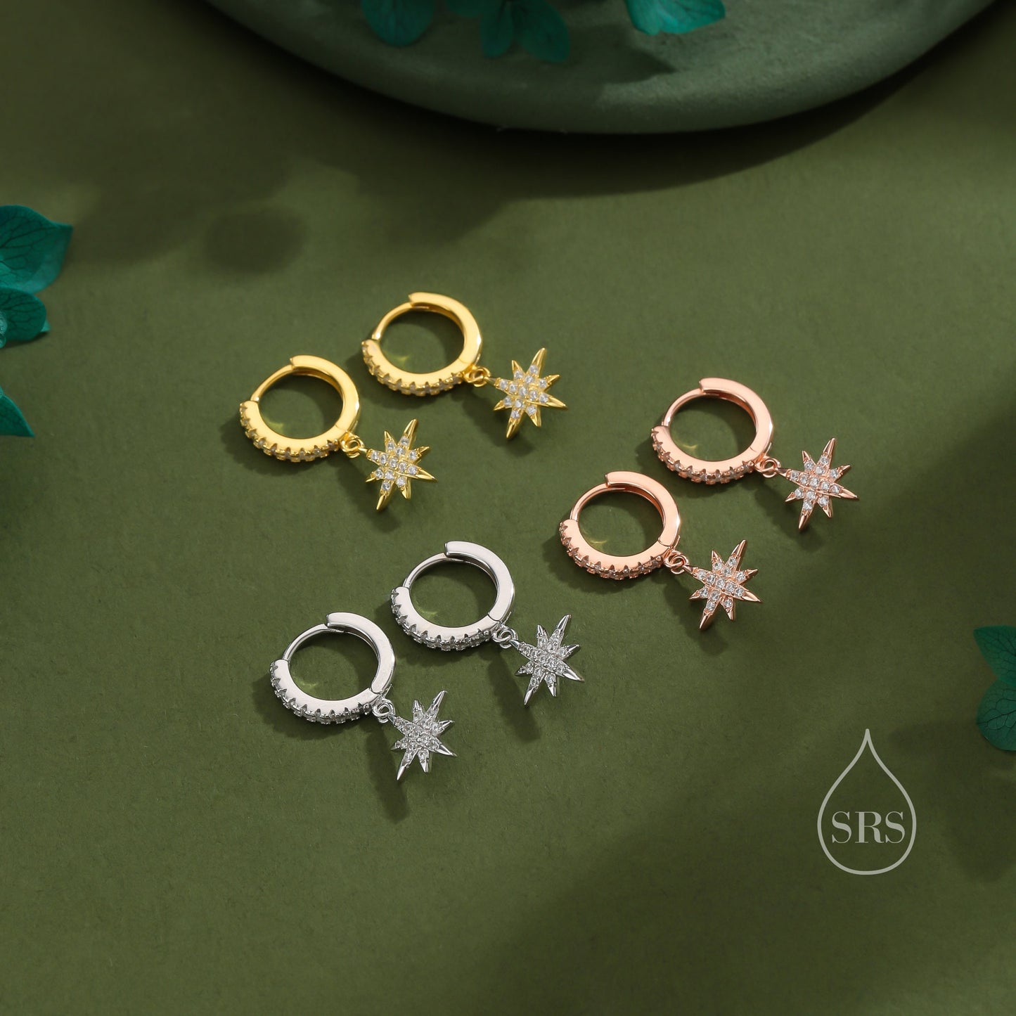 CZ Starburst Huggie Hoop Earrings in Sterling Silver, Silver, Gold or Rose Gold, Sparkle North Star Earrings, Sunburst Earrings, Celestial