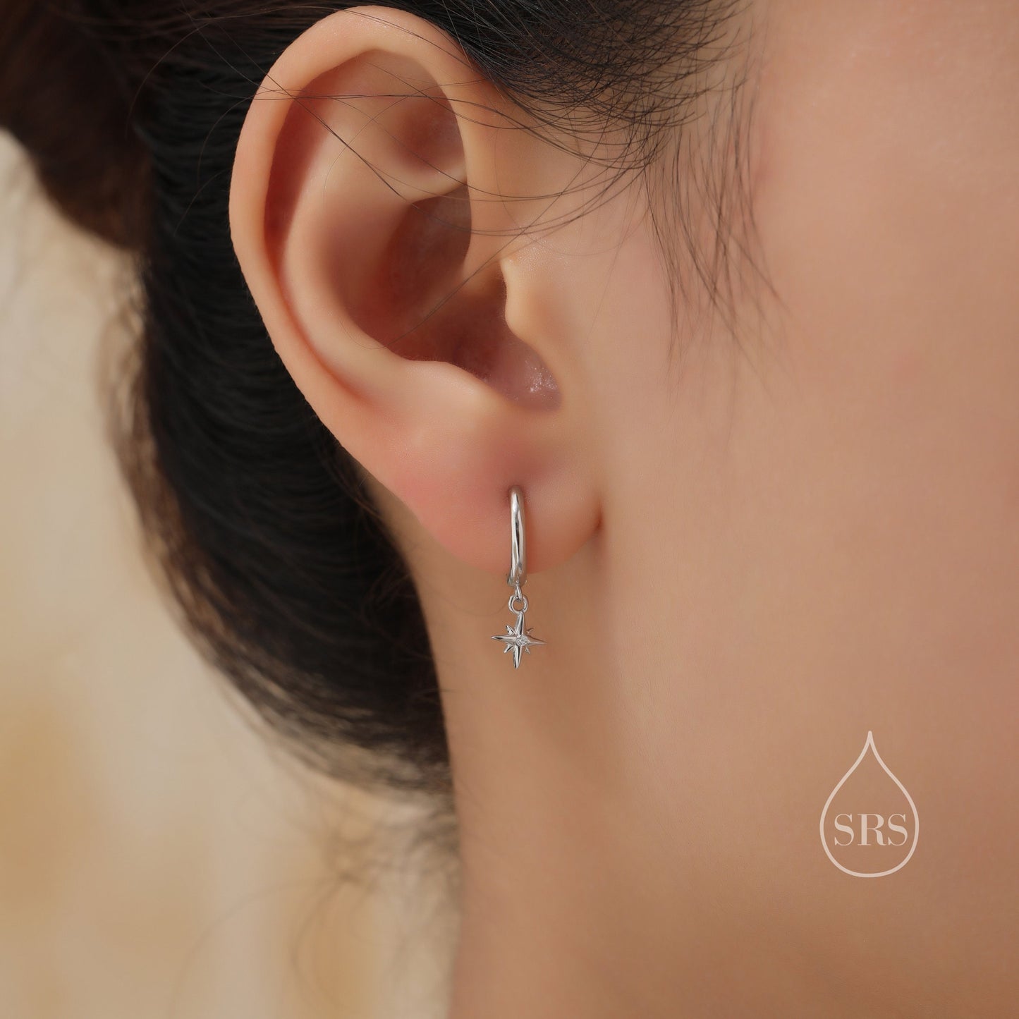 Asymmetric Moon and Star Dangle Huggie Hoop Earrings in Sterling Silver, Silver or Gold or Rose Gold, Tiny Moon and Star Skinny Hoops
